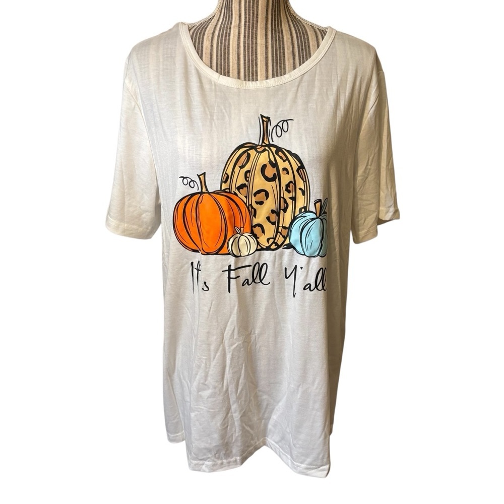 NEW Fall Graphic T-Shirt XL White with Pumpkins “It’s Fall Y’all” Rayon Stretch